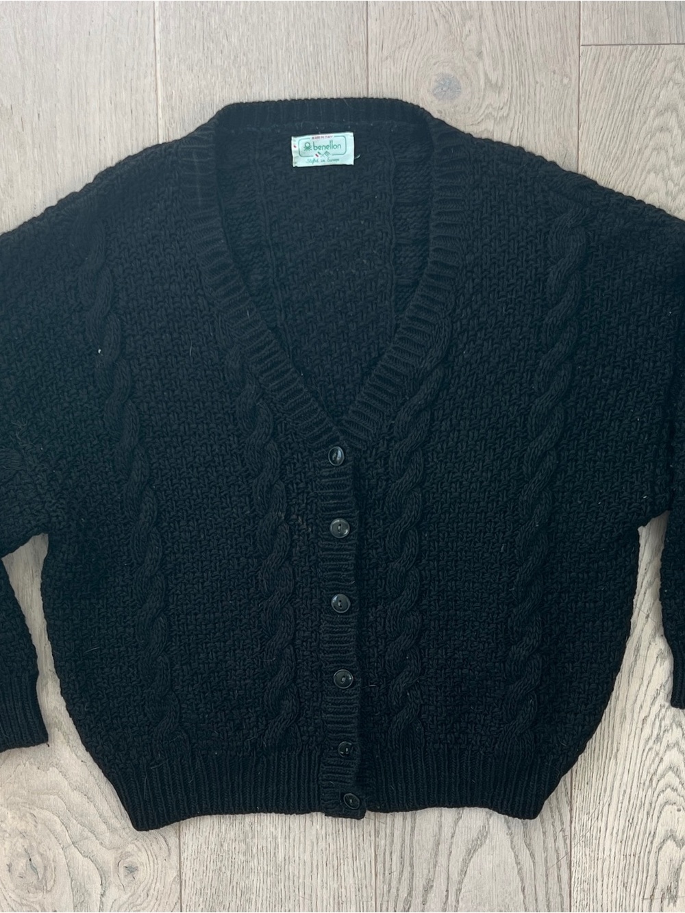 Vintage Benellon Made in Italy Black Cable Knit Wool Sweater Cardigan